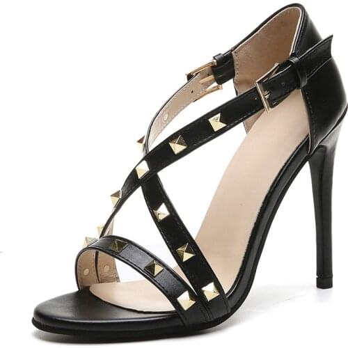 Sexy Womens Sandals High Heels Summer Super Thin Heel Leather Rivets Peep Toe Party Shoes Buckle Strap Sandalia Feminina PW089
