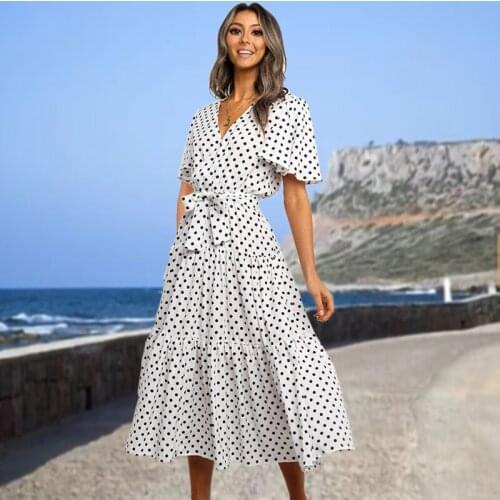 Summer Long Dot Dress for Women Butterfly Sleeve V-Neck Ladies Dresses High Waist Ruffles Female A-Line Midi Dress with Sashes