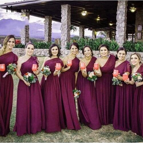 Mrs win Bridesmaid Dresses Burgundy Ruffles One Shoulder A Line Sleeveless HR301 Long Wedding Party Dresses Vestido Madrinha