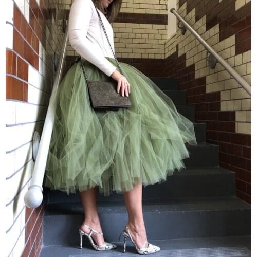 Casual Army Green Tea Length Tulle Skirts Women A-line Summer Tulle Skirts Elastic Custom Made Plus Size