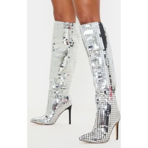 MKKHOU style mirror sequins knee-high boots women pointed 11CM heels thigh-high boots fall/winter cool womens boots sizes 35-43