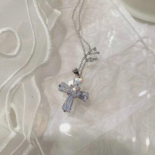 Real 925 Sterling Silver Dazzling Clear CZ Cross Pendant Necklace For Women Long Chain Necklace Wedding Luxury Jewelry