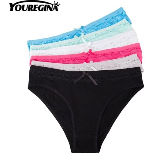 YOUREGINA Sexy Cotton Briefs Underwear Women Panties Female Lace Bowknot Comfortable Solid Soft Lingerie Intimates 6pcs/lot