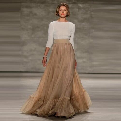 Vintage Champagne A-line Floor Length Women Skirts Elegant Bridal Tulle Skirts High Waistband Zipper Custom Made Maxi Skirt