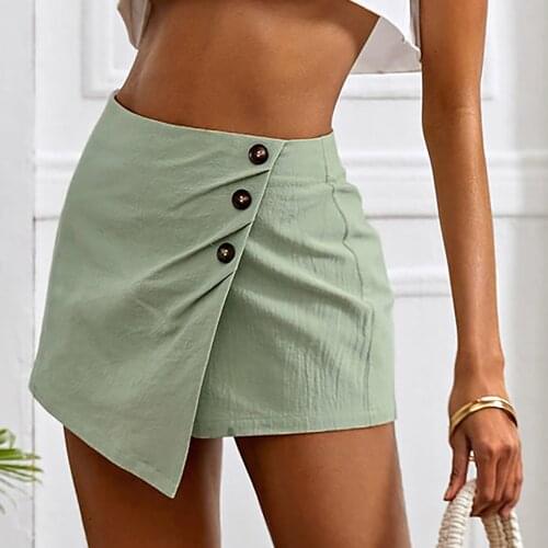 Summer Womens Fashion High Waist Cotton Linen Buttons Pure Colors Culottes Fake Two-Piece Zipper Shorts Skirts Bottoms Saias#g3