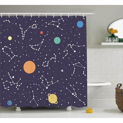 Constellation Shower Curtain Zodiac and Planets Colorful Galaxy Universe Science Illustration Bathroom Waterproof Curtains