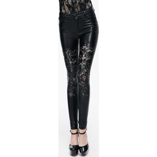 Devil Fashion Gothic Women PU Leather Bodycon Floral Trousers Steampunk Black Sexy Lace Stretch Skinny Pants