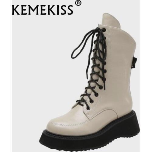 KemeKiss Real Leather Mid Calf Boots Shoes Round Toe Mid Heel Cross Strap Zipper Cool Fashion Winter Ladies Footwear Size 34-40