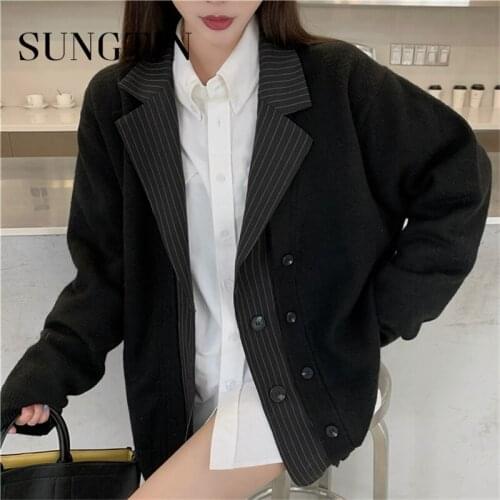 Sungtin 3 Color Notched Collar Stripe Patchworok Black Sweater Cardigan Women Double Breasted Harajuku Knit Cardigan Chic 2020