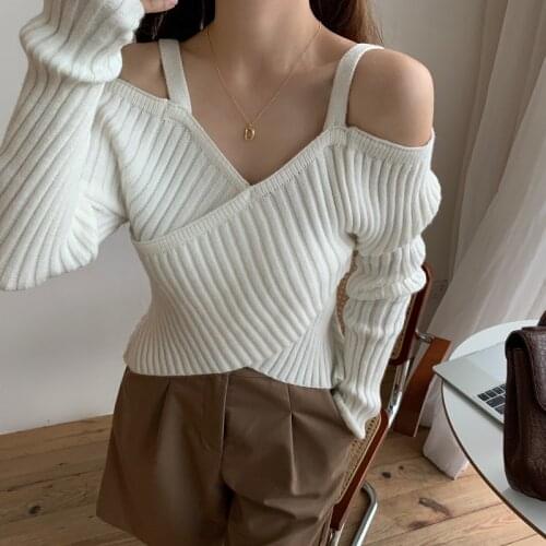 2020 Winter Women Sweater Autumn Long Sleeve Off Shoulder Spaghetti Strap Striped Sweater Fashion Pullover Streetwear Jumper