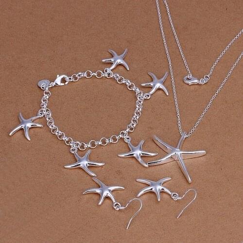 Silver color jewelry sets Women lady party jewelry Starfish pendant necklace bracelets Earrings fashion wedding cute gifts S124