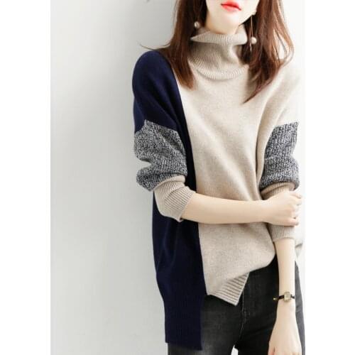 2021 Womens Oversized Thick Sweater Color-block Turtleneck Long Sleeve Autumn Winter Loose Jumper Knitted Warm Sweaters Women
