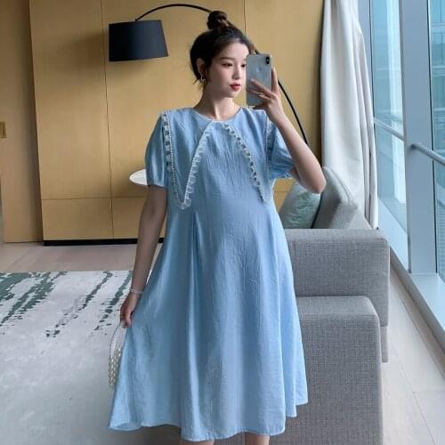 83971# Maternity Clothes Summer Short Sleeves Easy Matching Loose Stylish A Line Dress Pregnant Women Pregnancy Clothes