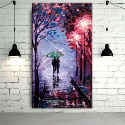 Abstract Wall Art Handmade Romantic Colors Purple Background Oil Painting On Canvas Lover Under Umbrella Walking On The Road