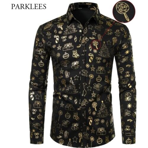 Shiny Gold Xmas Gift Bronzing Shirt Men 2020 Fashion New Long Sleeve Casual Shirts Mens Christmas Festival Party Chemise Homme
