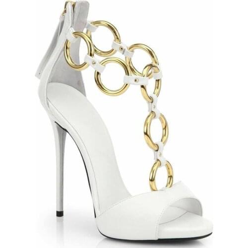 Sexy White Leather Gold Circle T- Strap Women Banquet Sandals Thin High Heel Metal ring linked Peep Toe Party Shoes