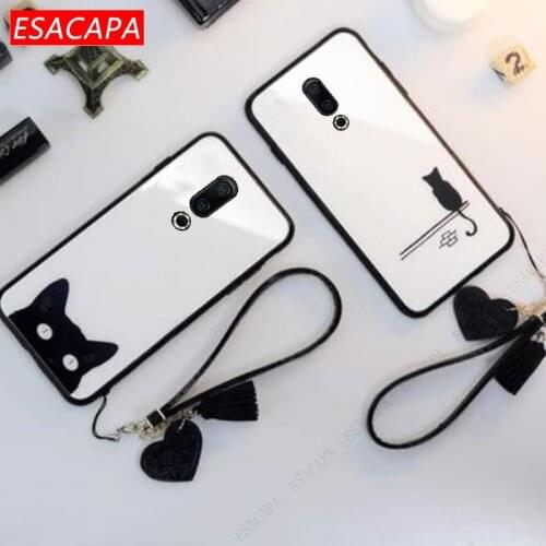 Tempered Glass Lanyard Phone Case For Meizu 16S 15 Plus Cute Cat Pattern Silicone Frame Cover For Meizu Note 9 8 6 5 E3 X8 V8