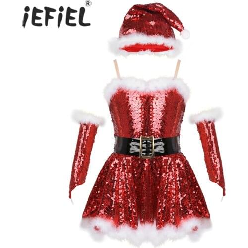 Kids Girls Christmas Santa Dance Costume Holographic Figure Ice Skating Ballroom Children Stage Dancewear Leotard Dress with Hat