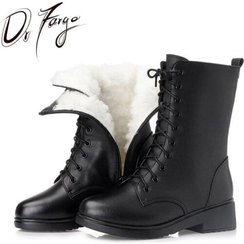 DRFARGO Genuine Leather Winter Wool Boots lace up Round Toe Med Square High Heel Warm Zipper Boots size35-42 Black ZapatoXSD3156
