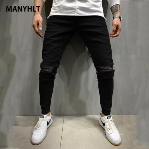 Jeans Men 2021 Pure Color Slim Denim Pants Vintage Wash Black Hip Hop Pencil Pants Work Trousers Skinny Skinny Ripped Jeans
