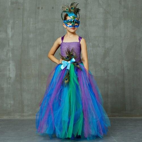 Girls Elegent Peacock Tutu Dress with Feather Mask Children Carnival Party Dress Princess Sleeveless Long Catwalk Costumes Cloth