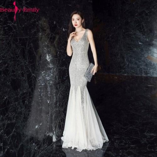 Elegant V Neck Sleeveless Zipper Back Women Evening Dresses 2020 Sexy Sequined Tulle Formal Party Dress 6 Colors Available
