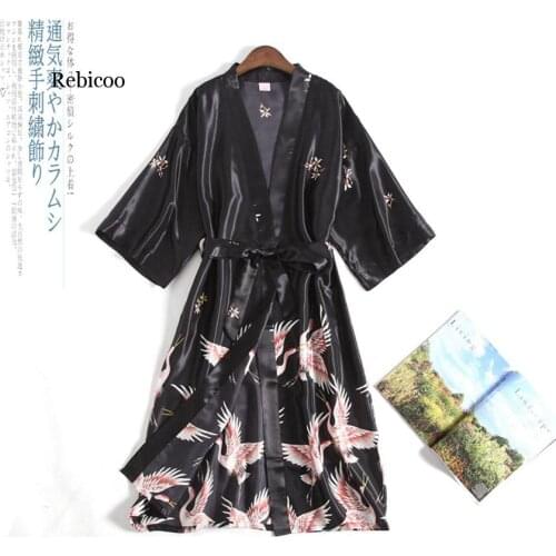 Summer Cardigan Japanese Style Crane Women Kimono Satin Yukata Vintage Nightgown Plus Haori Pajamas Party Spa Korean Long Robe