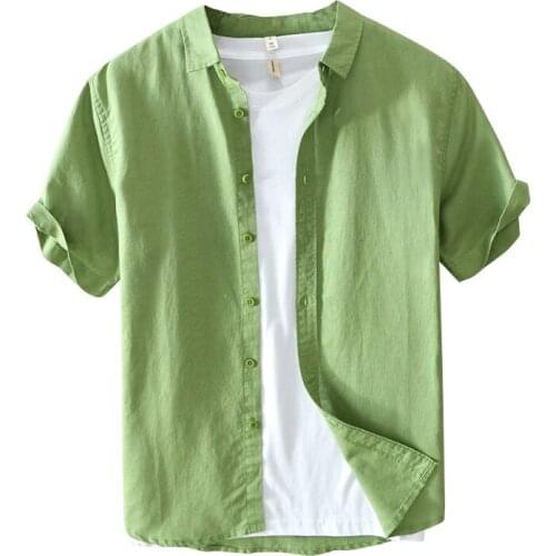 Linen Short Sleeve Shirts for Men Casual Plus Size 4XL Green Turn Down Collar Tops Male Summer New Vacation Clothing