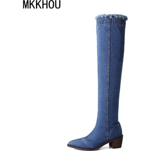 MKKHOU Fashion Over The Knee Womens Boots New Simple Denim Pointed Thick Heel Denim Boots All-Match Mid-Heel Ladies Boots