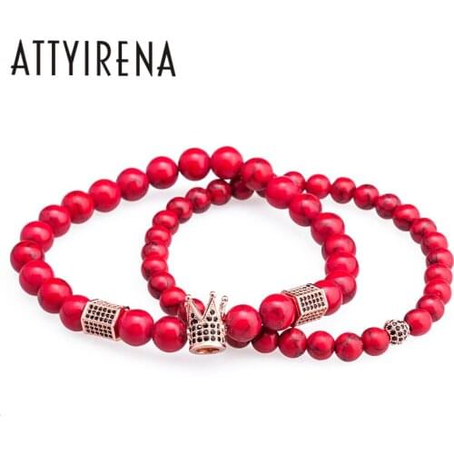 2018 Red Natural Stone Beads Male Bracelet Fashion Gentleman Crown Charm Bangle Woven Female Bracelet Cord Men 2pcs/Set Bracelet