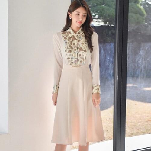 New Arrival Fashion Ladies Spring OL Casual Set Sweet Elegant Tops Stitching Shirt and High Waist A-line Skirt Two Piece Set