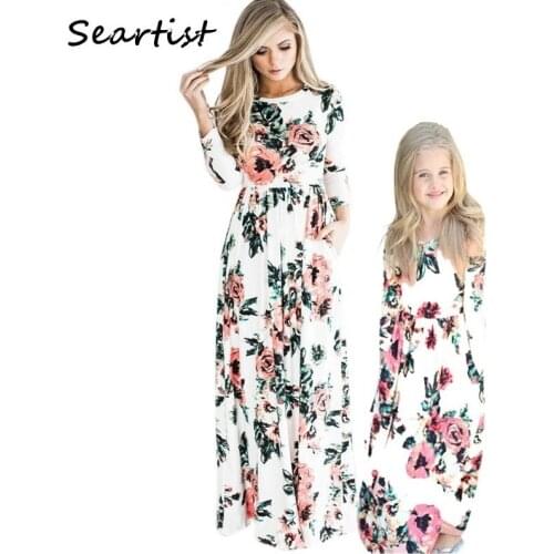 Mother and Daughter Beachwear Long Dress Girls and Mom Bohemian Long-sleeved Floral Dress Princess Casual 2021 New 40