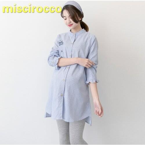 Women Cotton Shirt Big Size XXXXL Pregnant Women Autumn Long Striped Shirt Maternity Clothing Soft Comfortably Breathable