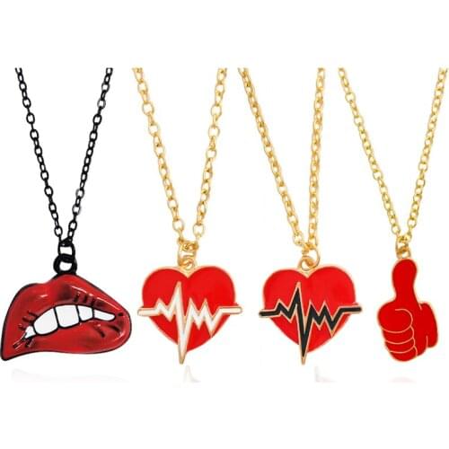 Sexy Red Mouth Heart Gesture Pendant Necklace Red Lips Heart Heartbeat Thumb Love Heart Necklace Choker Jewelry For Loves Gift