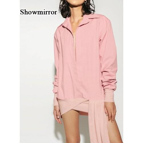 Showmirror Fashion Long Sleeve Shirt Type Mini Dress Women Asymmetrical Ribbons Turn-down Collar Sexy Deep V Dresses New