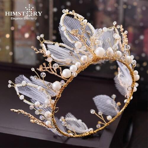 HIMSTORY Fashion Handmade Round Princess Crown Tiaras Princess Beads Pearl Wedding Bridal Hair Accessories Hair Jewelry
