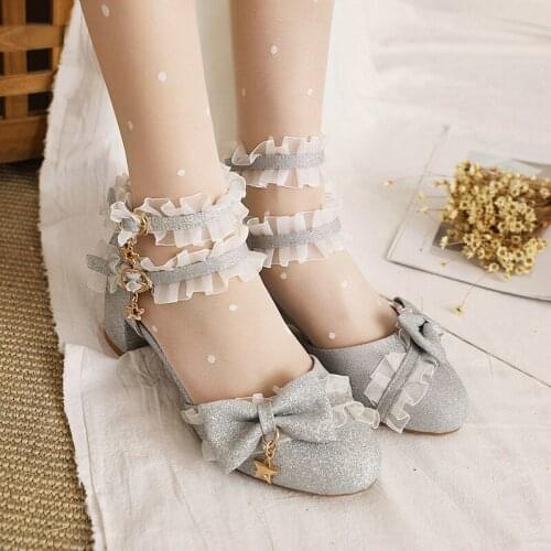 YQBTDL Exquisite Lolita Pumps Women Lace Trim Decoration Knotting 2021 Fashion Sweet and Cute Shoes Ladies Shoes Big Size 34-43