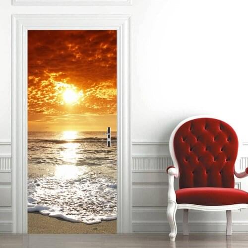 Waterproof 3D creative door stickers self-adhesive paper decoration bedroom living room wall stickers door stickers sunset beach