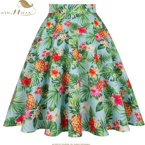 Pineapple Print Women Floral Skirt VD0020 A Line Vintage Swing Summer High Waist Knee Length Green Skirts