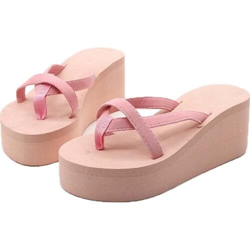 Women Slippers Solid Color Beach Flip-Flops High-Heeled Wedge With Thick-Legged chinelos mulher dames slippers pantoffels dames