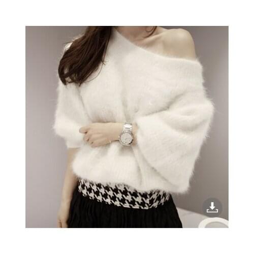 Women Lantern Sleeve Sweaters Slash Neck Sexy Off Shoulder Loose Pullover Knitted Casual Sweater