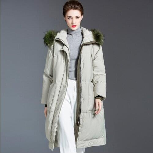 Womens Bamboo Leaf Green long down jacket soft 2020 Raccoon fur collar fashion thickened knee-length white duck down jacket