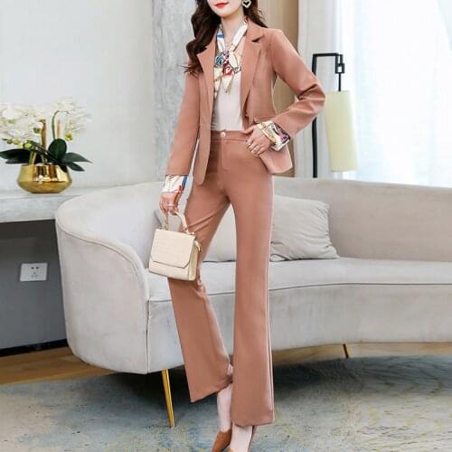 New Fashion Spring Autumn Women Office Lady Slim Blazer Pants Two-Piece Set Pant Suits Female With Print Silk Scarf