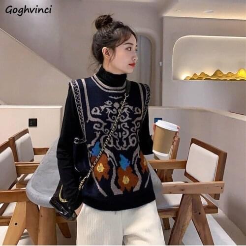 Sweater Vest Women Jacquard Knitted Sleeveless Jumpers Womens Sweet Loose Chic Round Neck Sweaters Ins Retro Winter New Vintage
