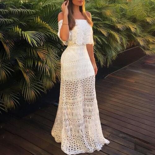 Women Sexy Off Shoulder Hollow Bohemian Dress Fashion Pretty Lady Slim Strapless Dress Floor-Length Skinny Lace Ruffles Dress