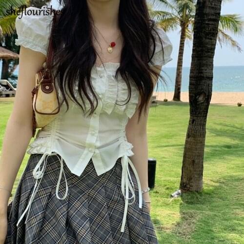 2021 Summer shirt women kawaii puff sleeve top vintage square neck top ruffle button up shirt white korean blouse drawstring