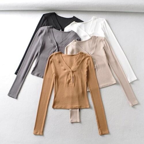 BRADELY MICHELLE New Arrival Spring Autumn Girls Solid Colour Casual Long-Sleeved Wide-Brim V-Neck Tees with Buttons