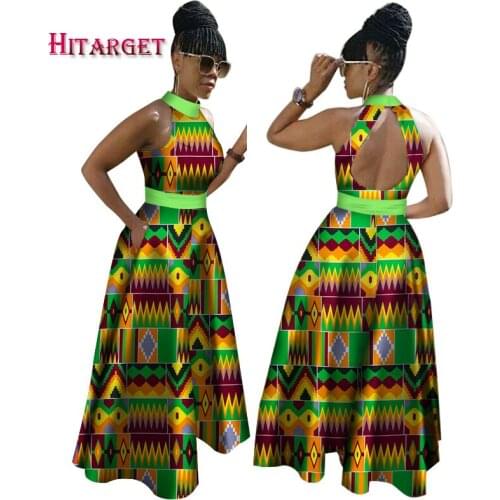 2020 New African Wax Print Dresses for Women Bazin Riche Sleeveless Cotton Party Dress Dashiki Sexy African Clothing WY2908