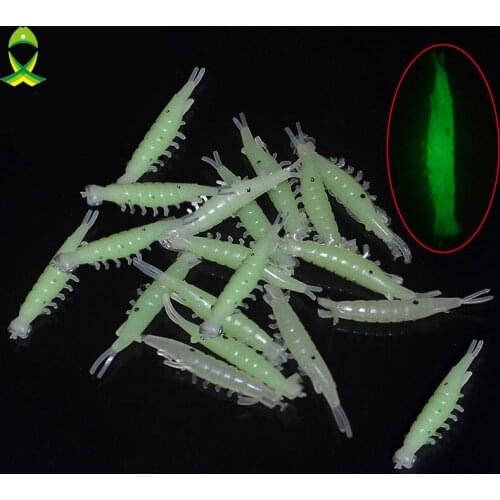 JSM 100pcs 3.5cm Luminous Shrimp Soft Fishing Lures Plastic Sea Fishing Light Green Glow In night Fishing Bait