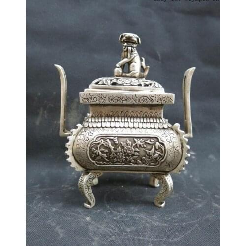 China silver carved finely Foo Dogs lion tree peony Incense Burner Sculpture